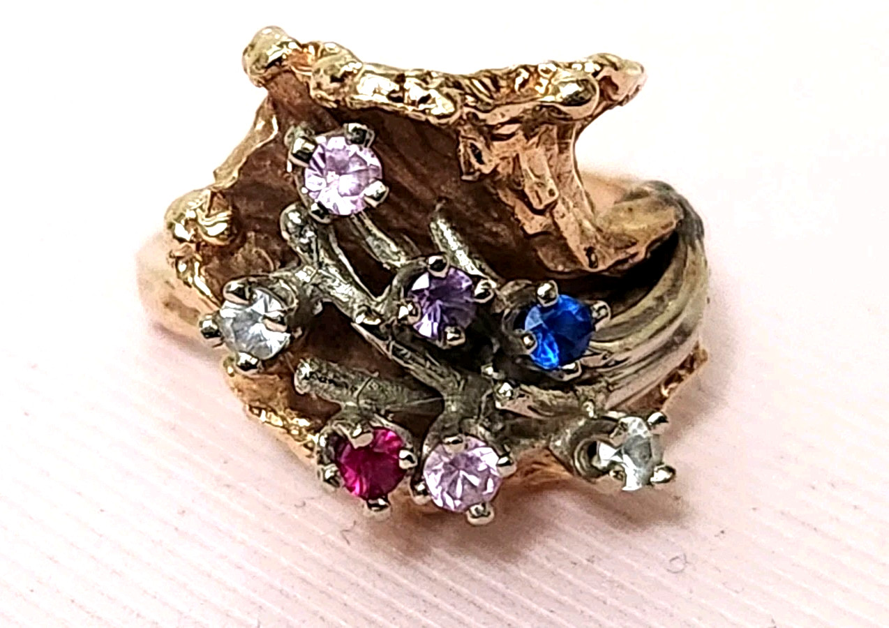 14K YELLOW & WHITE GOLD WAVE GEMSTONE RING VINTAGE STUNNING 11.6Gr + STAMPED 14K