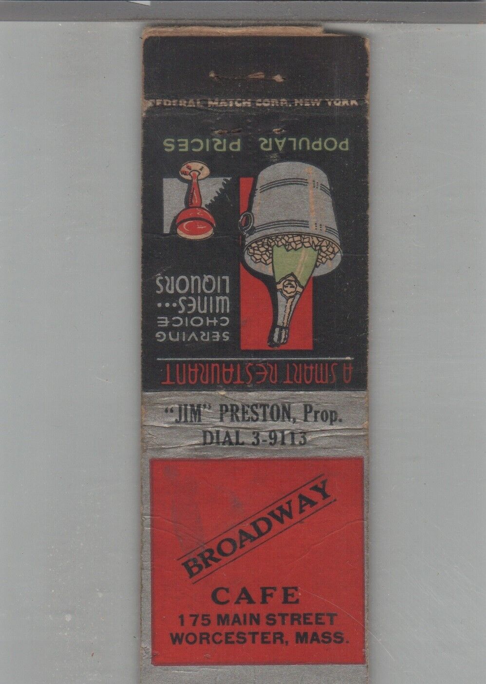 Matchbook Cover 1920s-30\'s Federal Match Broadway Cafe Worcester, MA