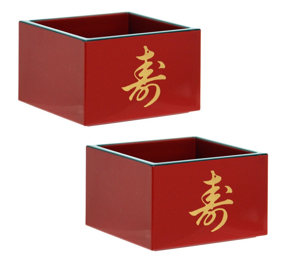 SET of 2 Japanese Masu Sake Cup 3-1/8” Square Red Lacquer Kotobuki Made in Japan