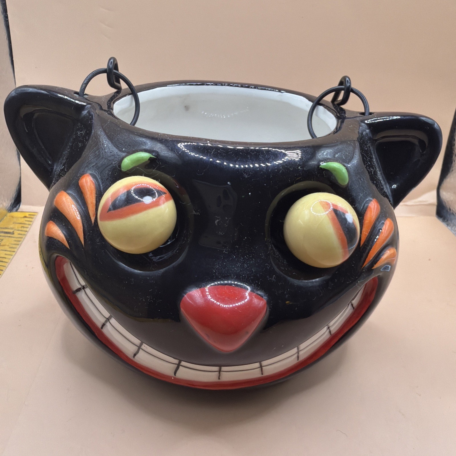 Vintage Halloween Black Cat Smiling Candy Holder Moving  yellow bulging eyes