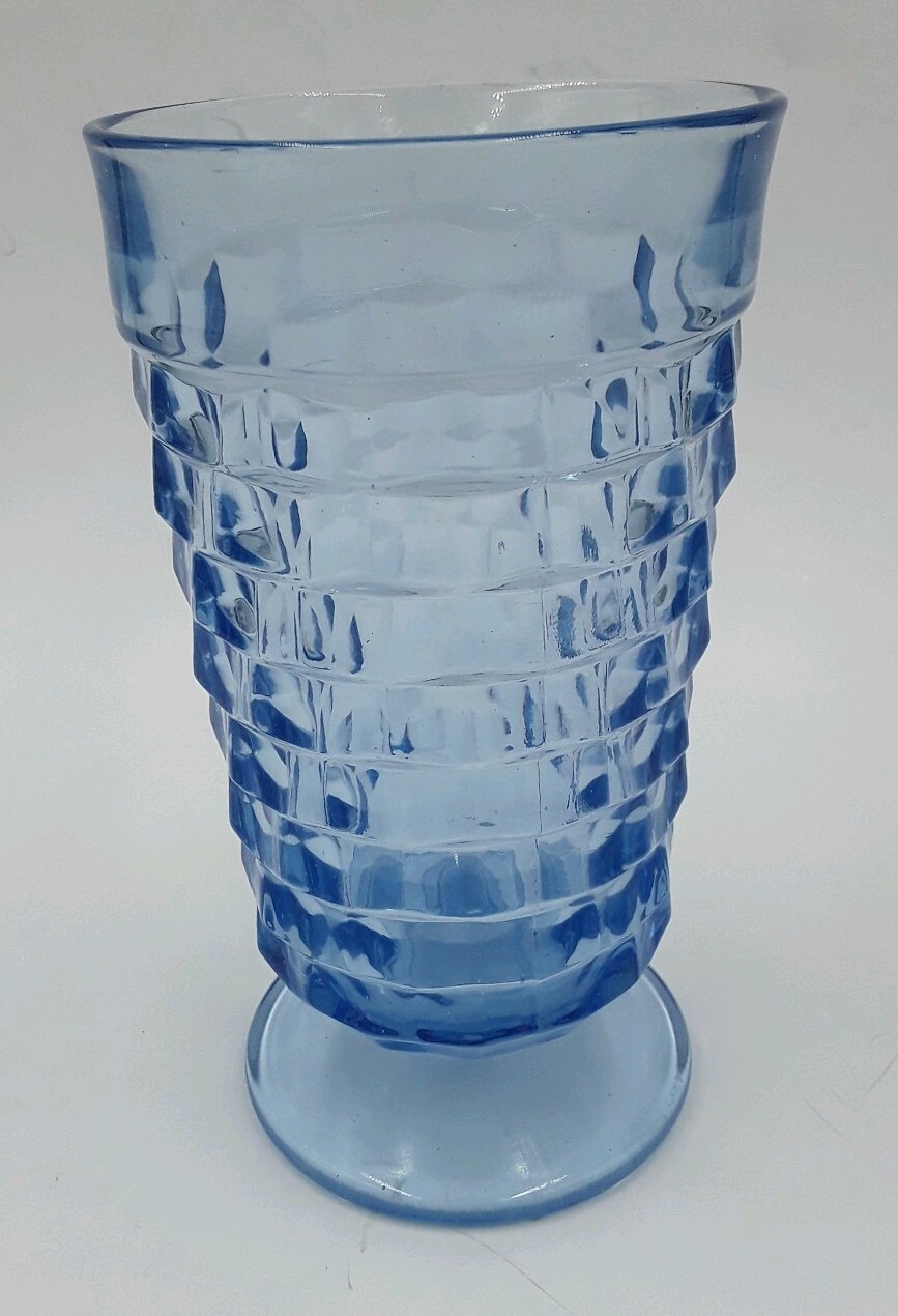 Collectible Vtg Fostoria American Cube or Cubist Light Blue Footed Tumbler 6in 