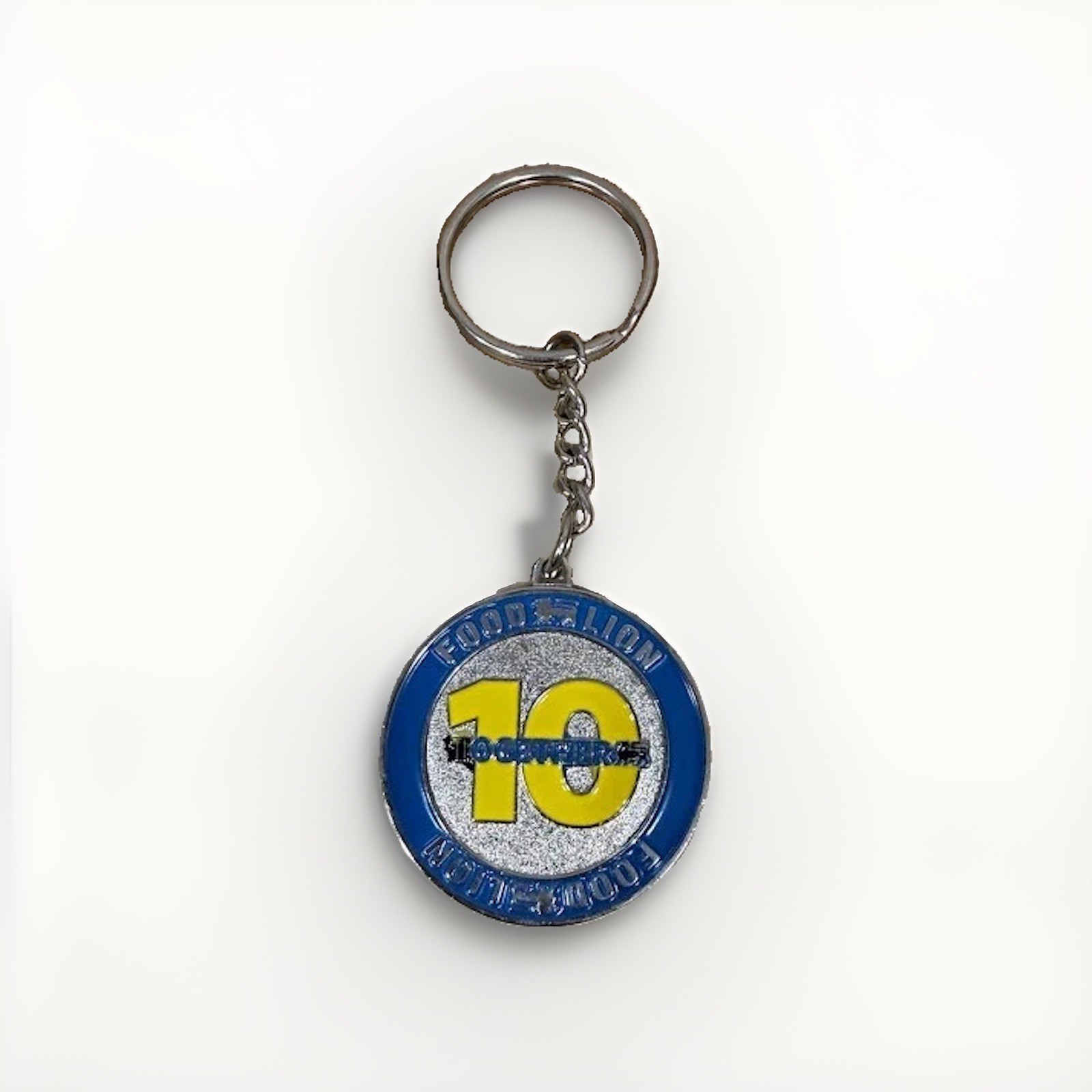 FOOD LION 10 Year Anniversery Keychain Blue Yellow Silver