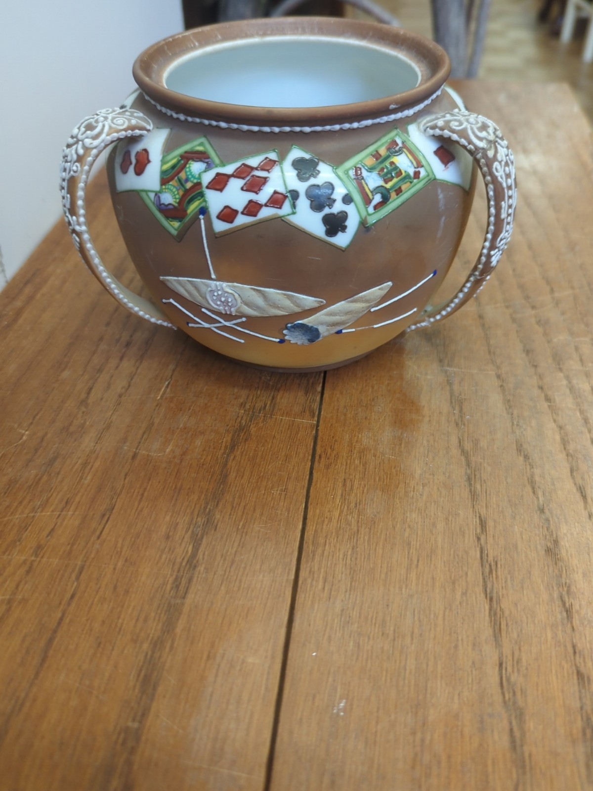 Vintage Nippon Porcelain Playing Card Themed Smoking Tobacco Jar