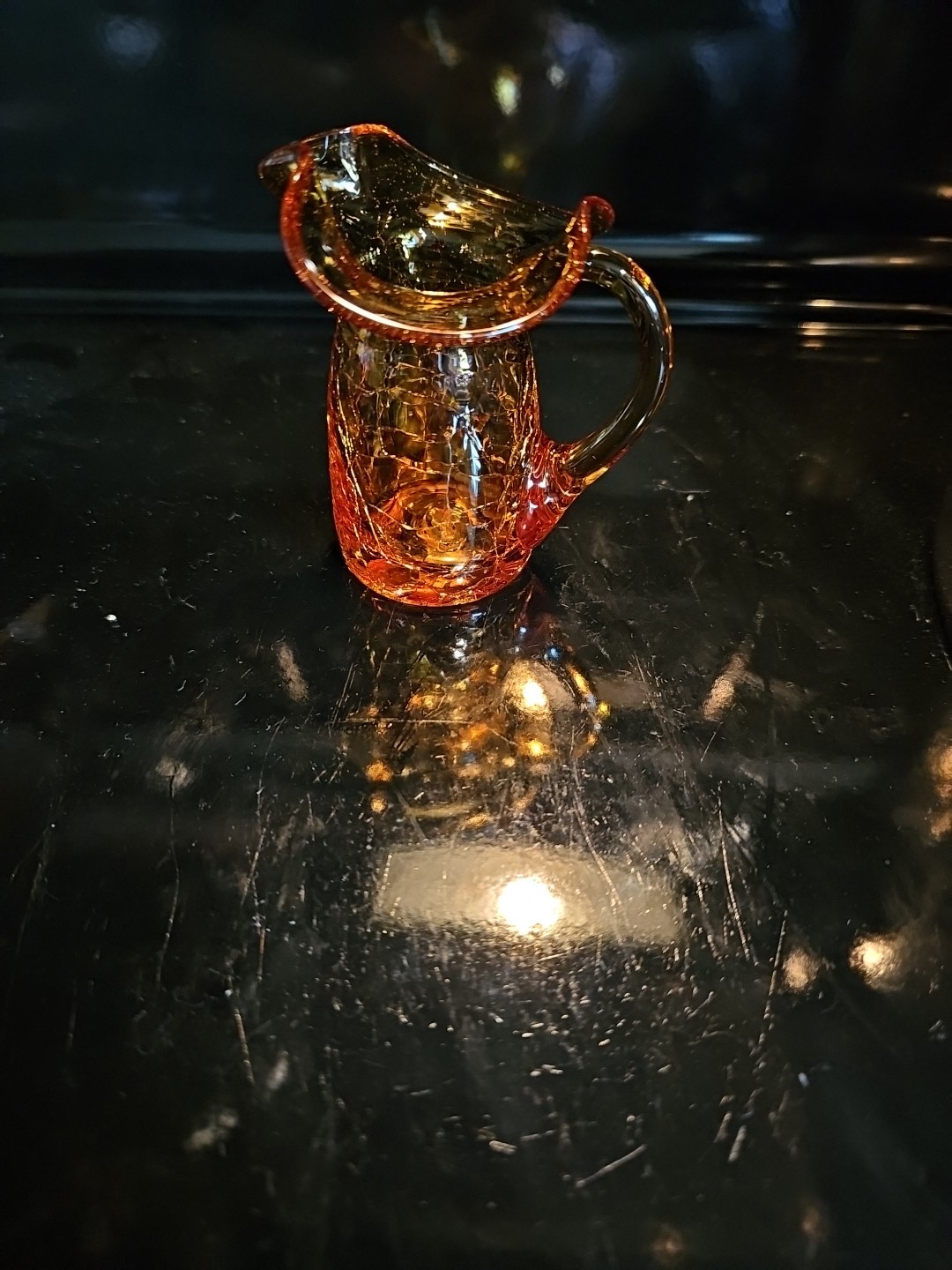 Vintage Rainbow Art Glass Crackle Pitcher Creamer Amber 3.5X 2.5” 