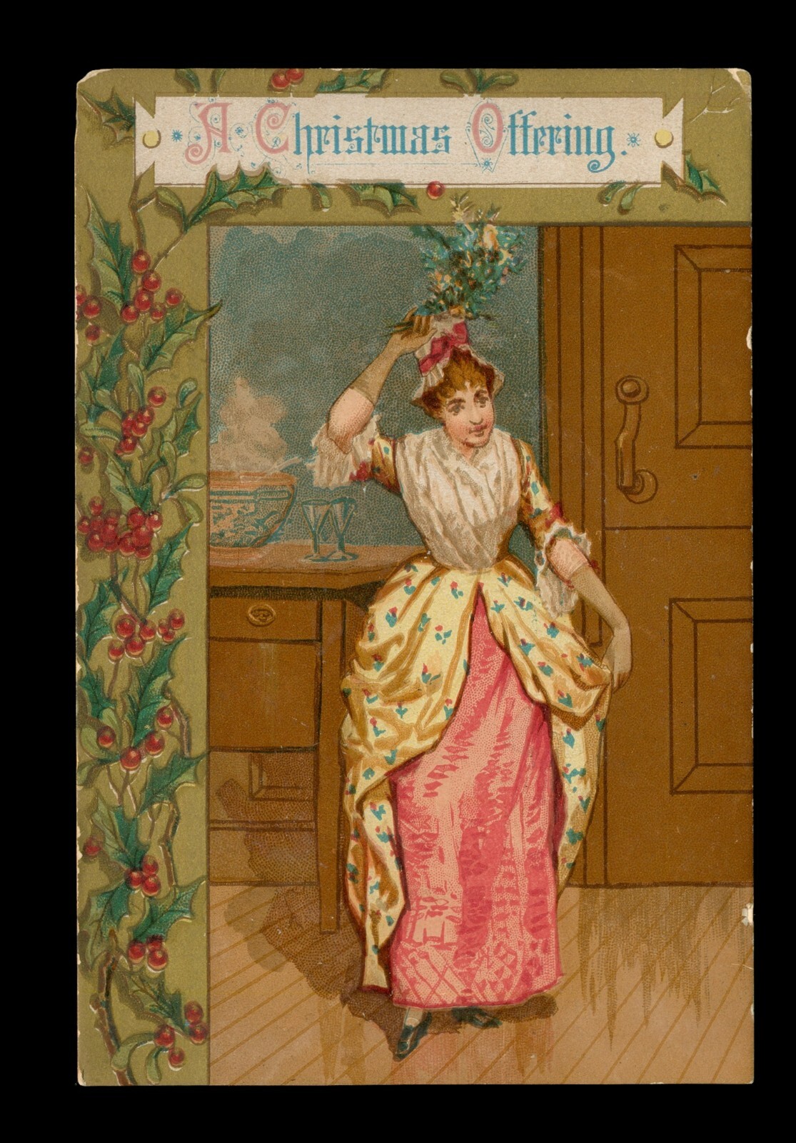 Victorian Trade Card A Christmas Offering Woman Promoting Mistletoe Holly