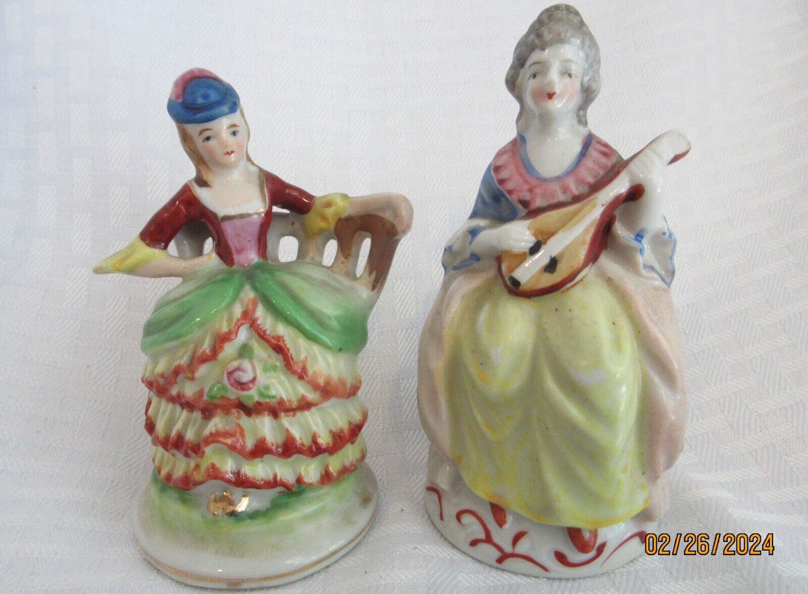 Set of 2 OCCUPIED JAPAN Colorful Hand-Painted  Porcelain Seated VICTORIAN LADIES