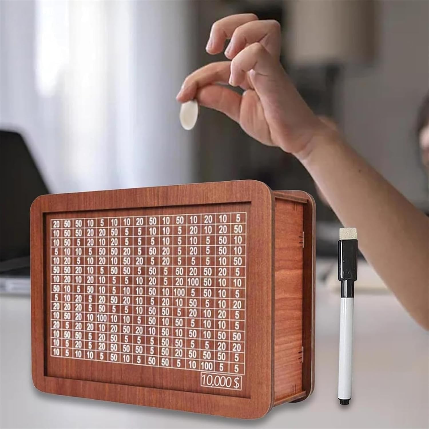 Wooden Money Saving Challenge Box Reusable Cash Savings Board w/Dry Erase Marker