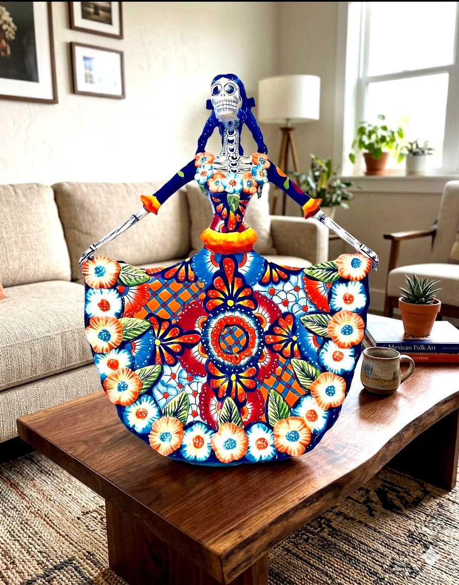 Talavera Catrina 23” XL Mexican Dancer Ballerina Day of the Dead Figure Pottery