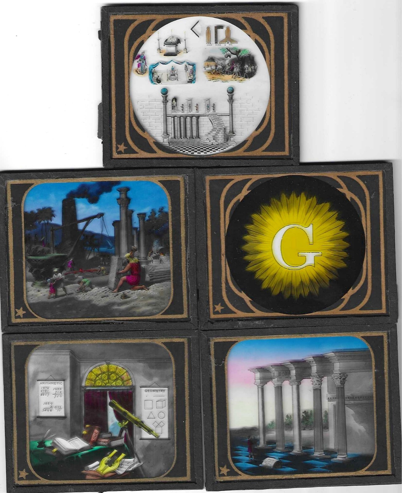 Lot of 5 Antique Masonic Freemason Magic Lantern Slides Ca. Late-1800s, FC Lot of 5 Antique Masonic Freemason Magic Lantern Slides Ca. Late-1800s, FC