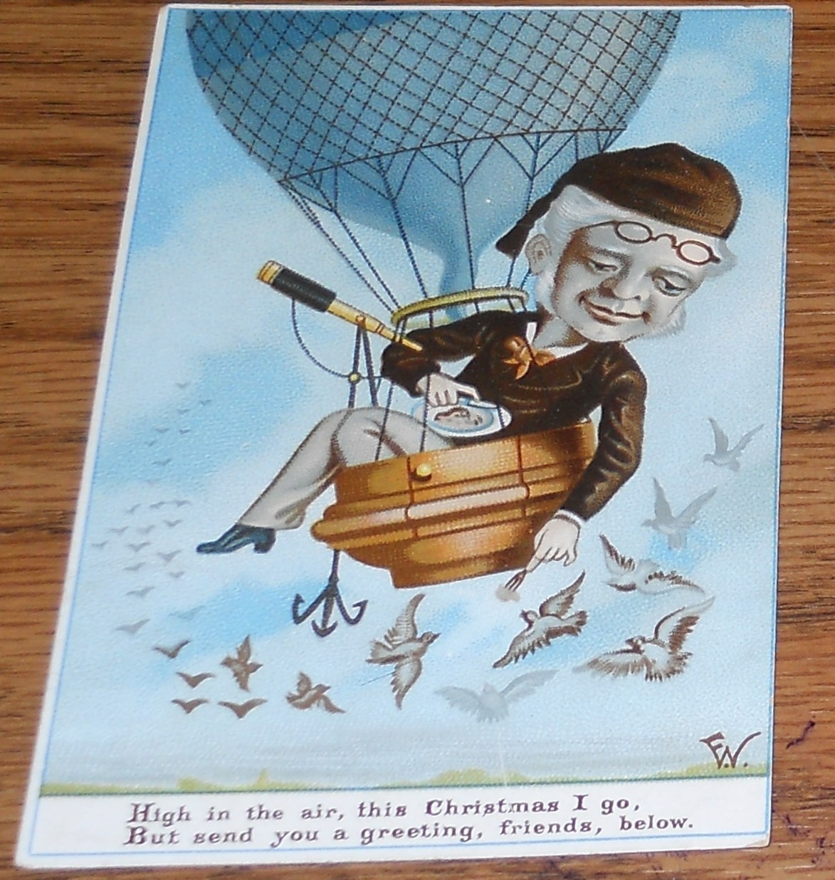 Victorian Trade Card~Man with Telescope in Hot Air Balloon High in Air Christmas