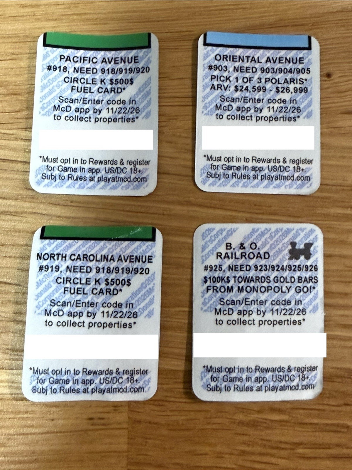 McDonald’s Monopoly 2026 Lot Of 4 