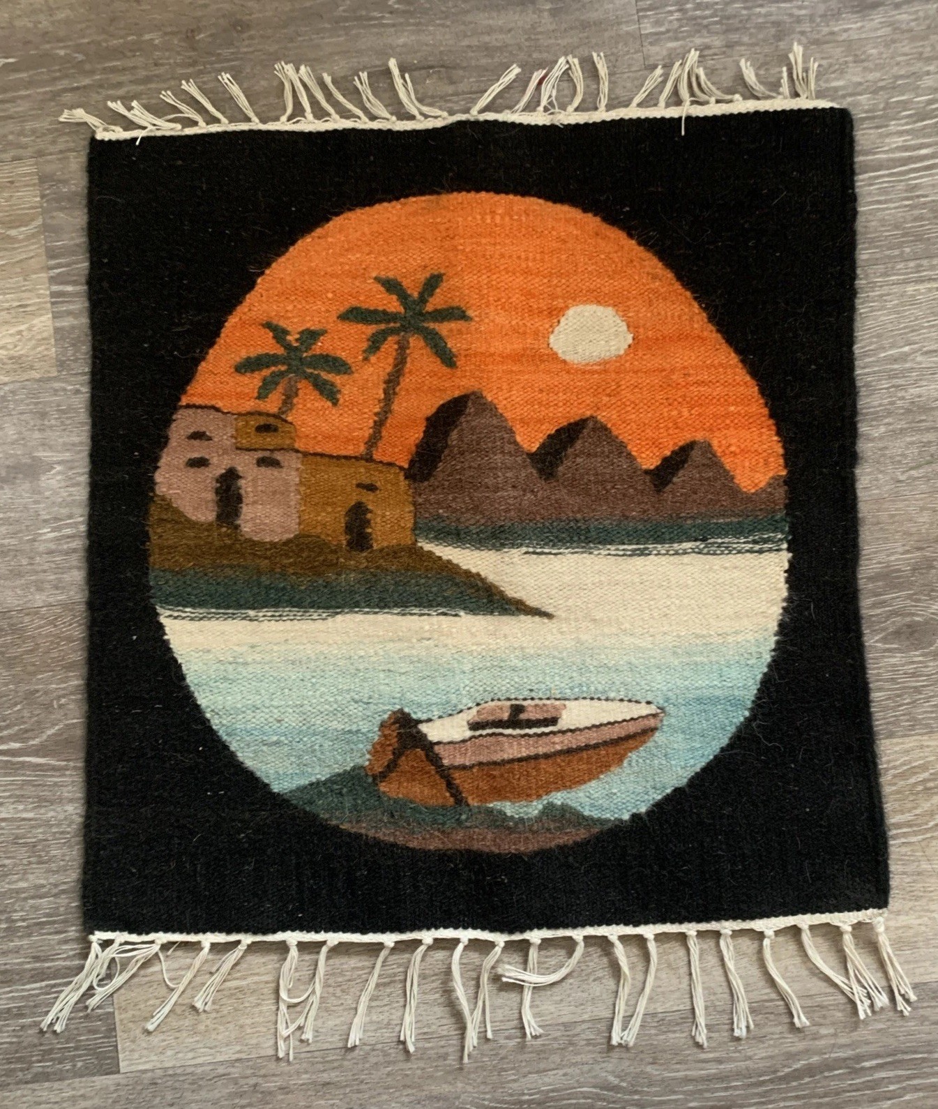 Vtg Kilim Woven Wool Tapestry Rug Wallhanging Boat / Pyramid 20” x 19” Egyptian