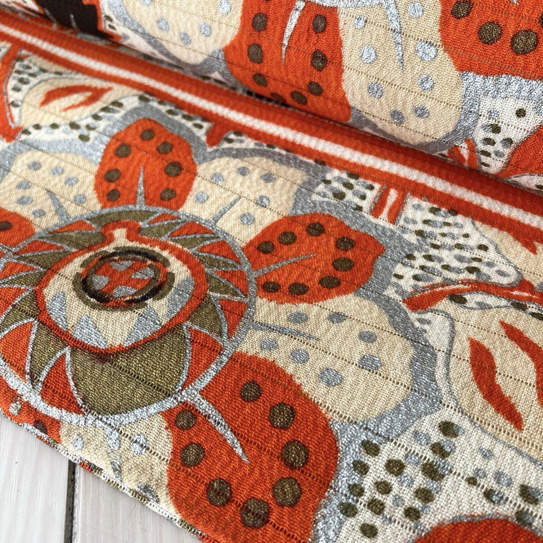 Vintage Nagoya Obi Flower Arabesque Pattern Crepe Full Taisho Roman Pure Silk No