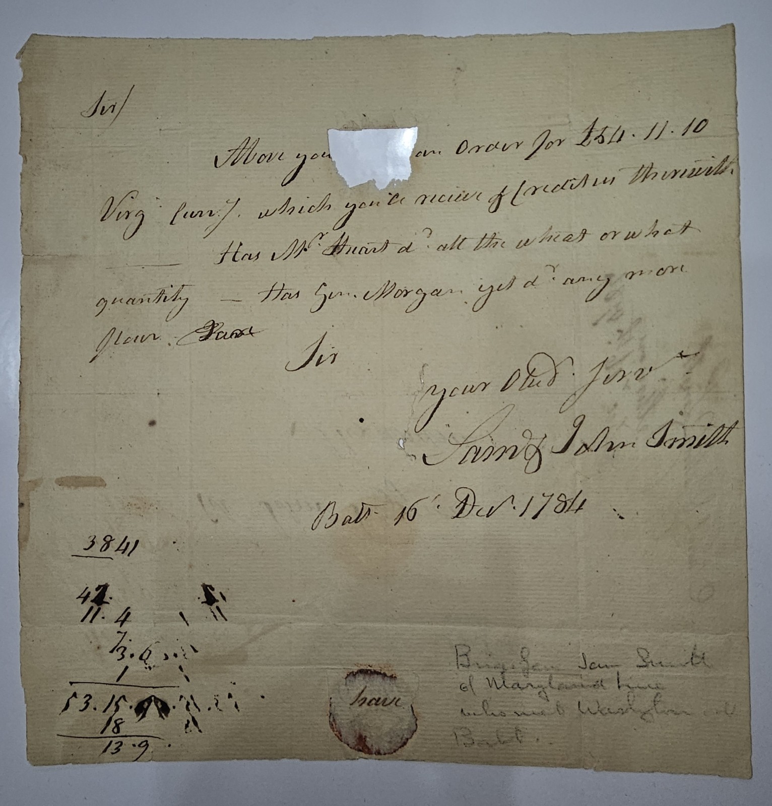 1784 Revolutionary War HW ALS General Samuel Smith Baltimore To John Fitzerald