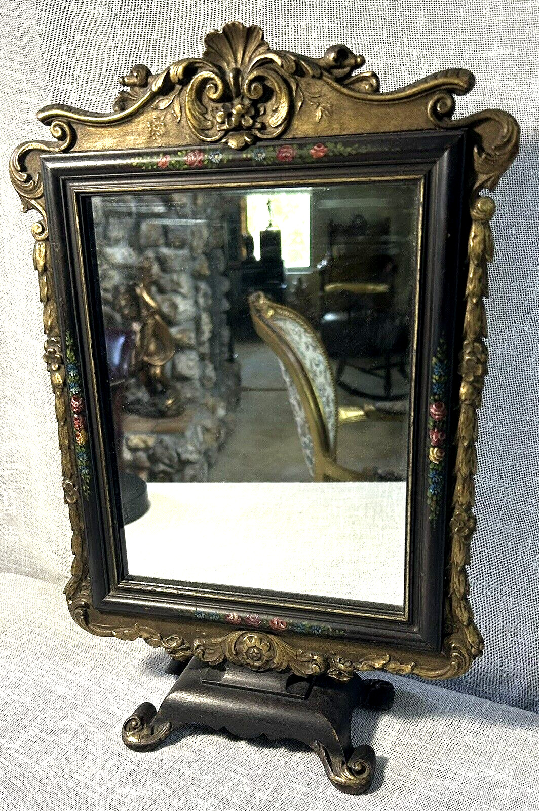 Antique French Ornate Black & Gold Vanity Mirror Hand Painted Flower Borders