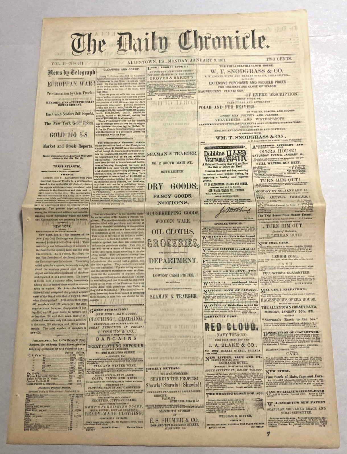 The Daily Chronicle, Newspaper, Allentown Pa, January 9, 1871