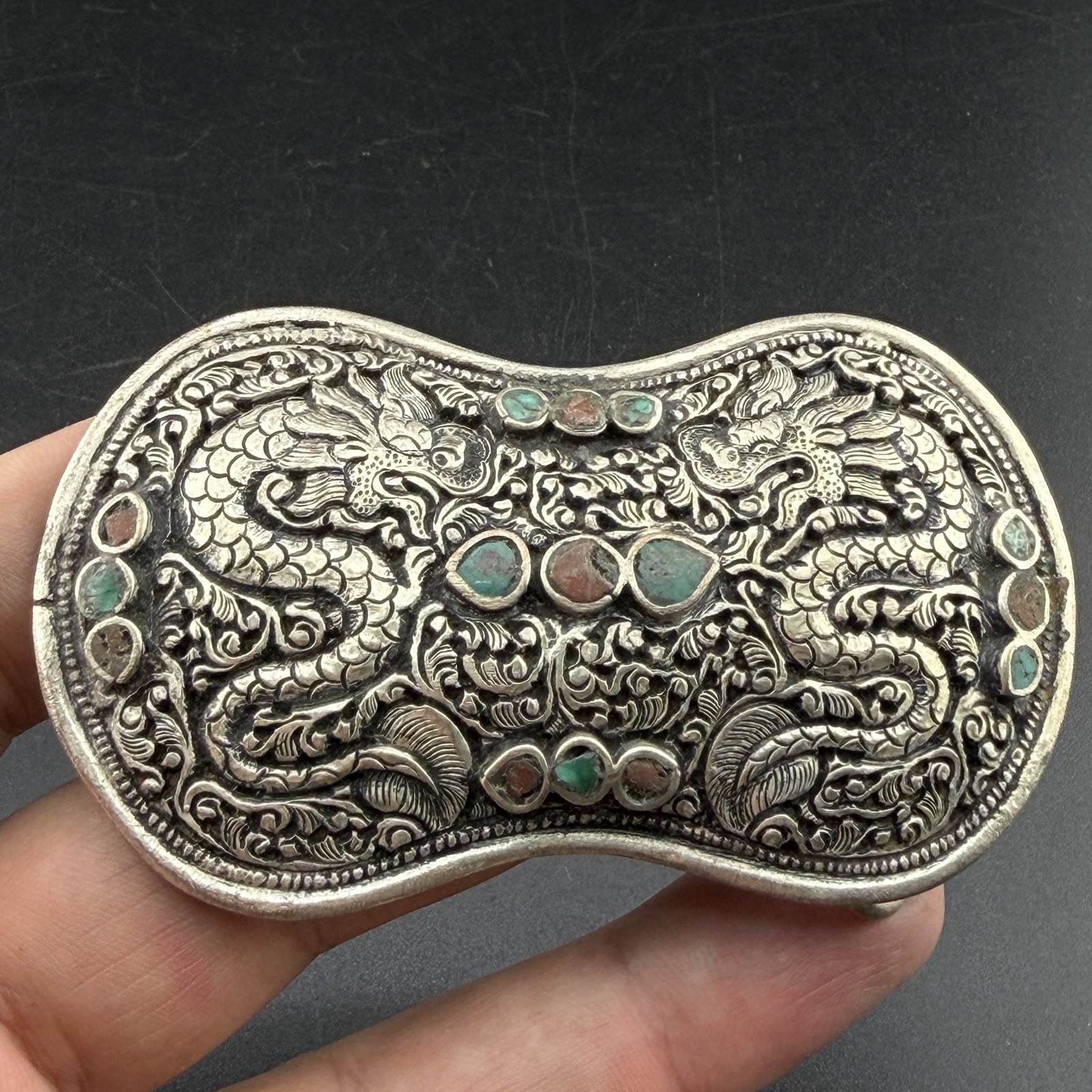 Vintage Double Dragon Carved Beautiful Authentic Buckle belt Tibeten Silver