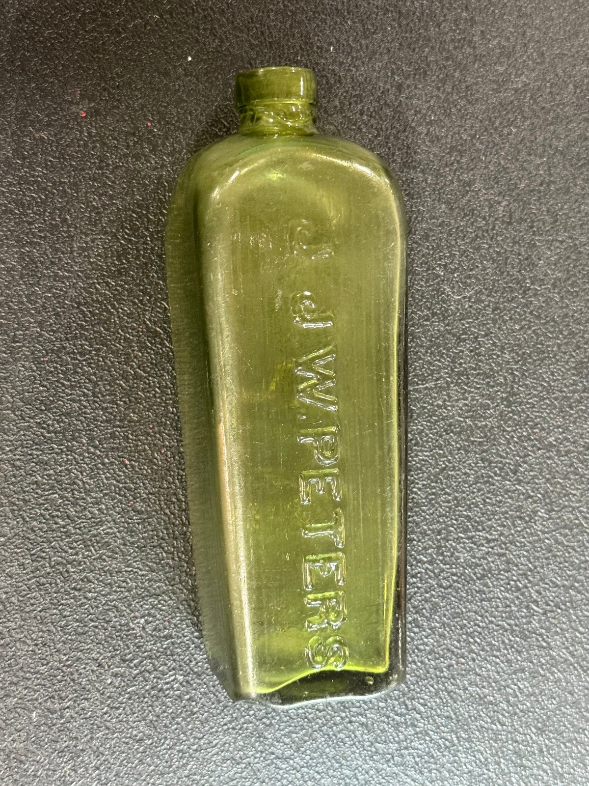 1880s J.J.W. Peters Gin Bottle (green hand-blown) From Germany and found in Ohio