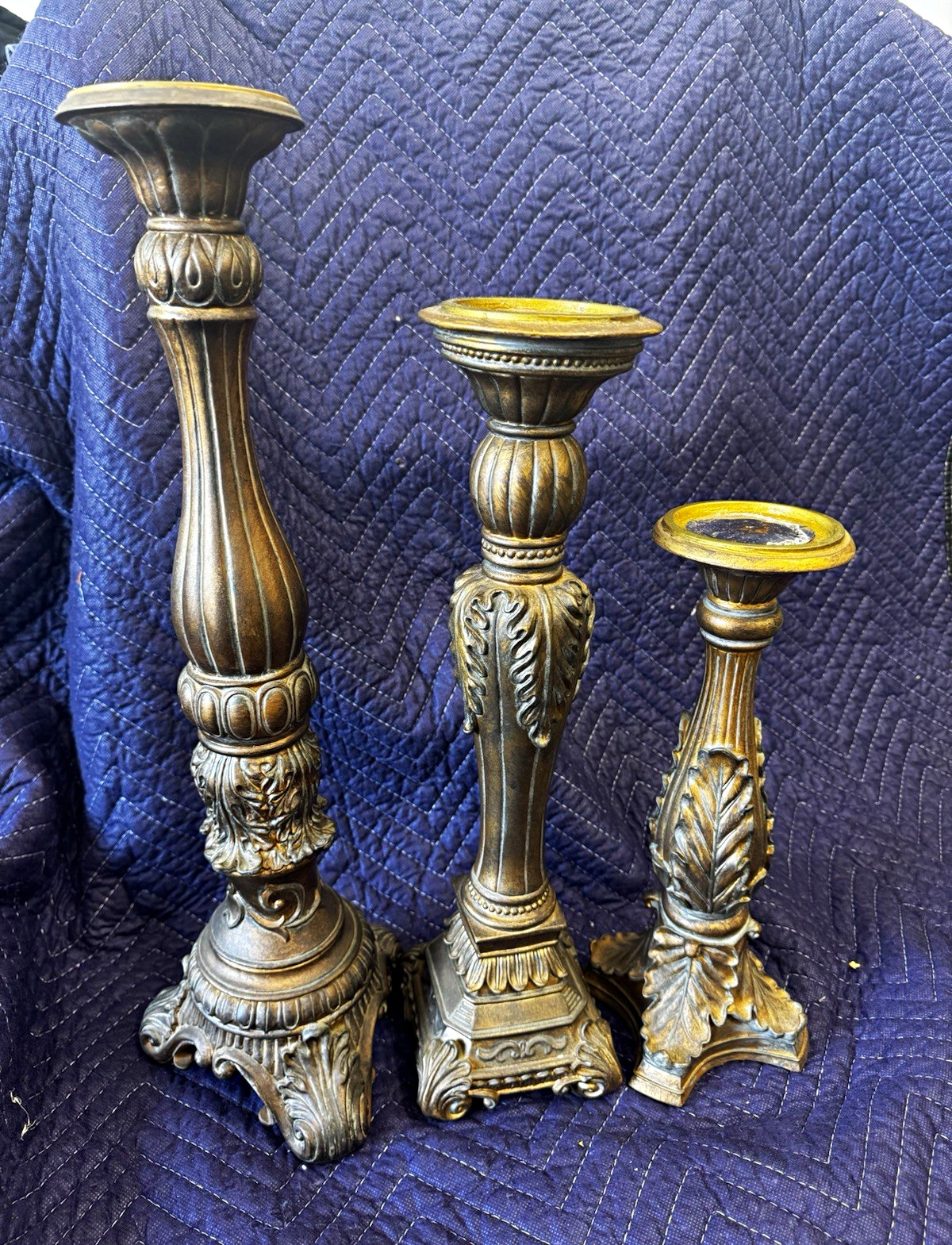 Fitz and Floyd Set of 3 Gold Leaf Resin Pillar Candle Holders, 21in 18in 14in