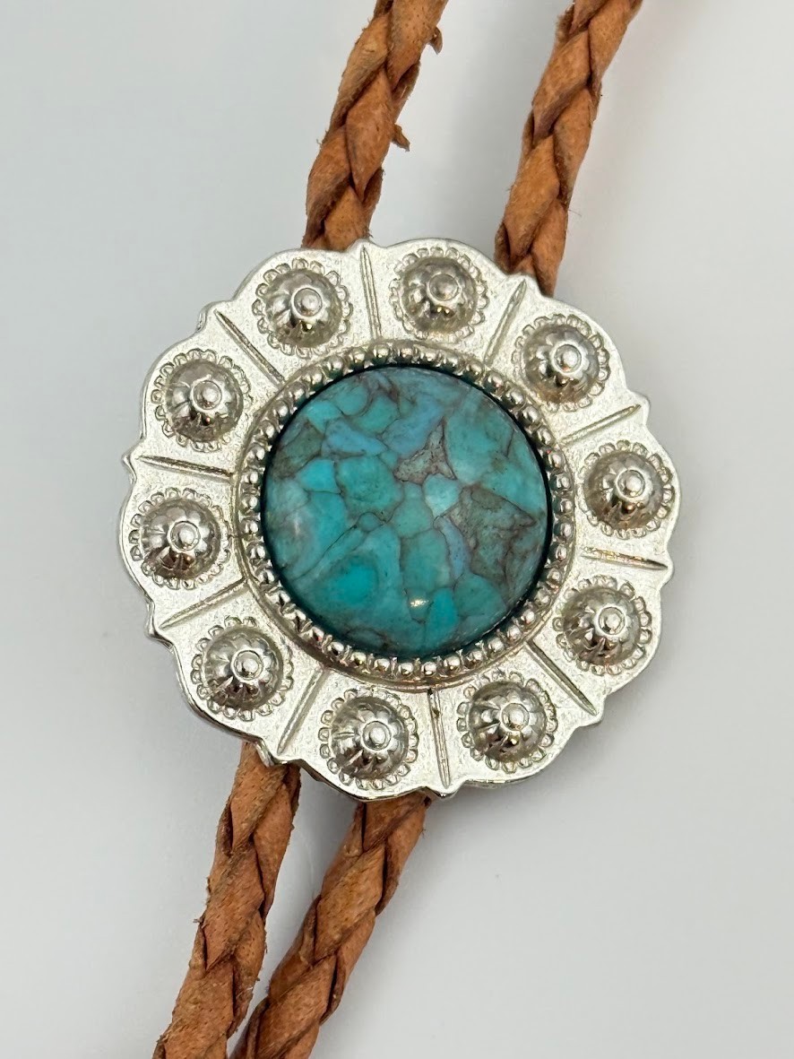 Vtg Western Bolo Tie Blue Stone Silver Tone Concho Cowboy Rodeo Southwestern