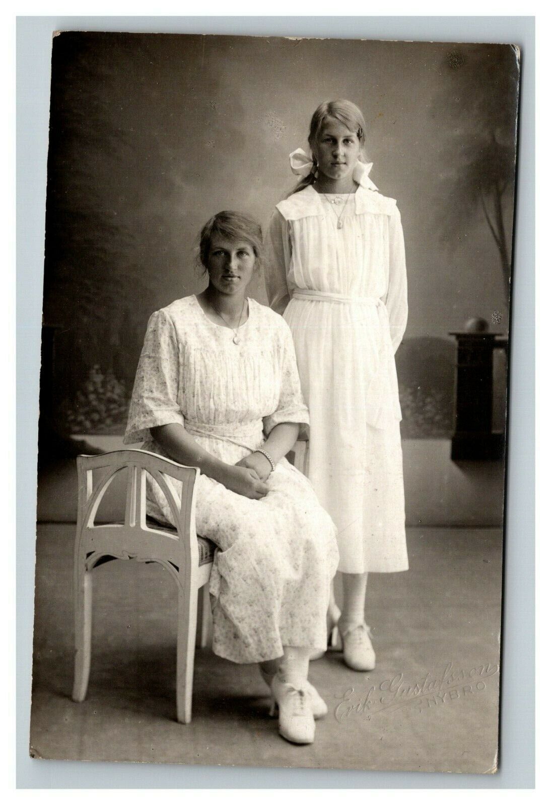 Vintage 1905 RPPC Postcard - Portrait of German Mother in Daughter in Dresses