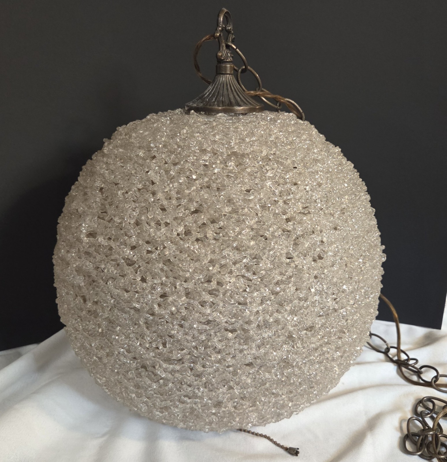Mid Century Spun Lucite Spaghetti Swag Lamp. Large 43.5” Orb