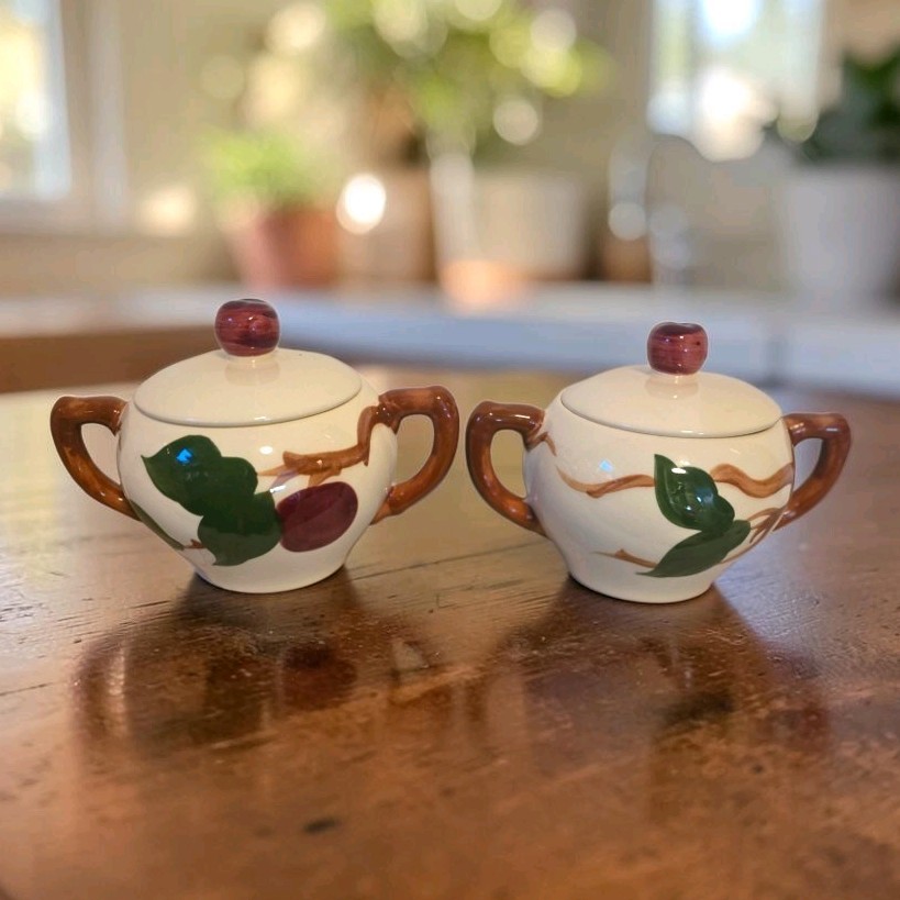 2 Vtg Franciscan Ware Hand Painted Apple Double Handled Covered Sugar Bowls USA 2 Vtg Franciscan Ware Hand Painted Apple Double Handled Covered Sugar Bowls USA