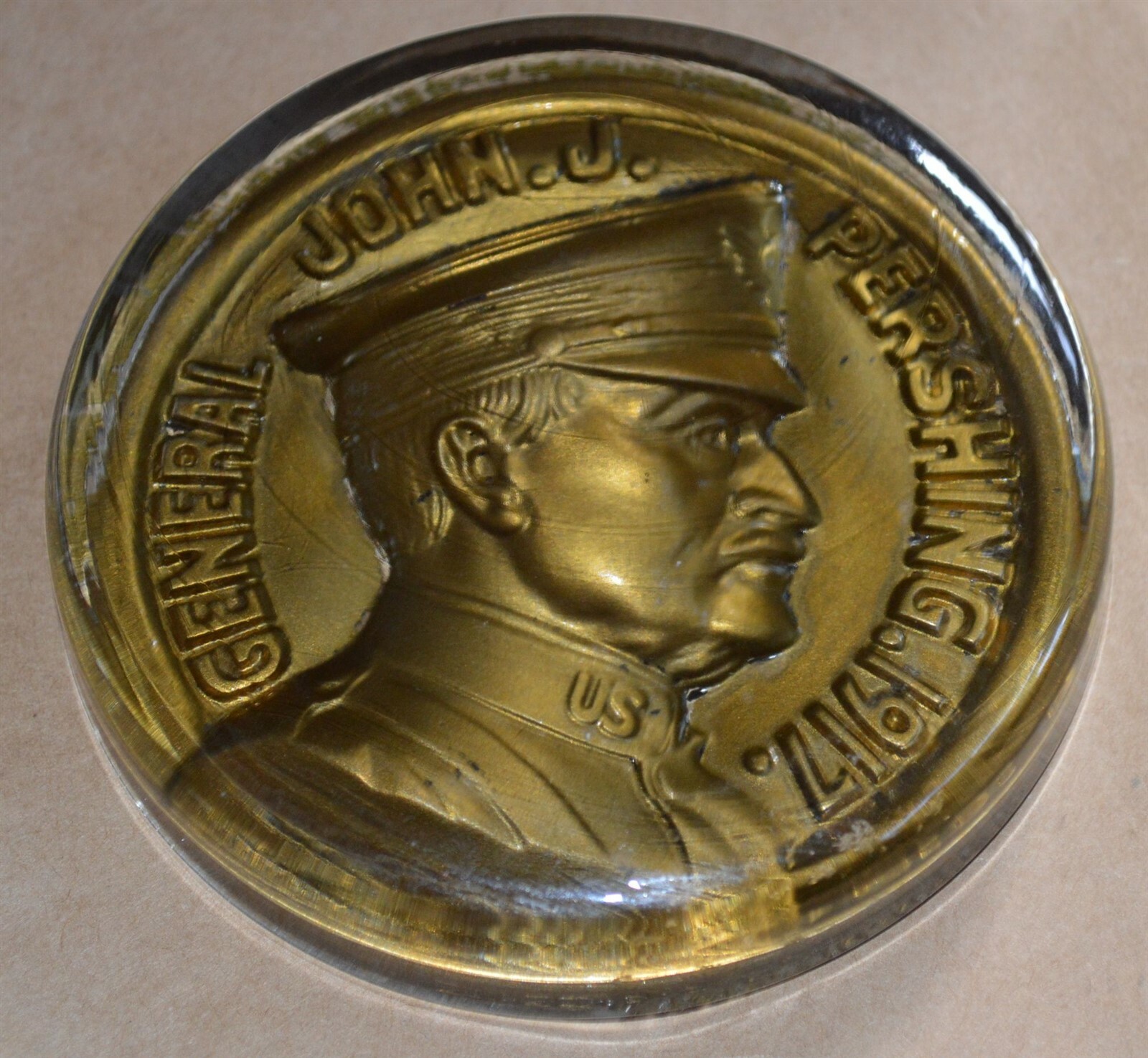 Antique WWI General Pershing Glass Paperweight