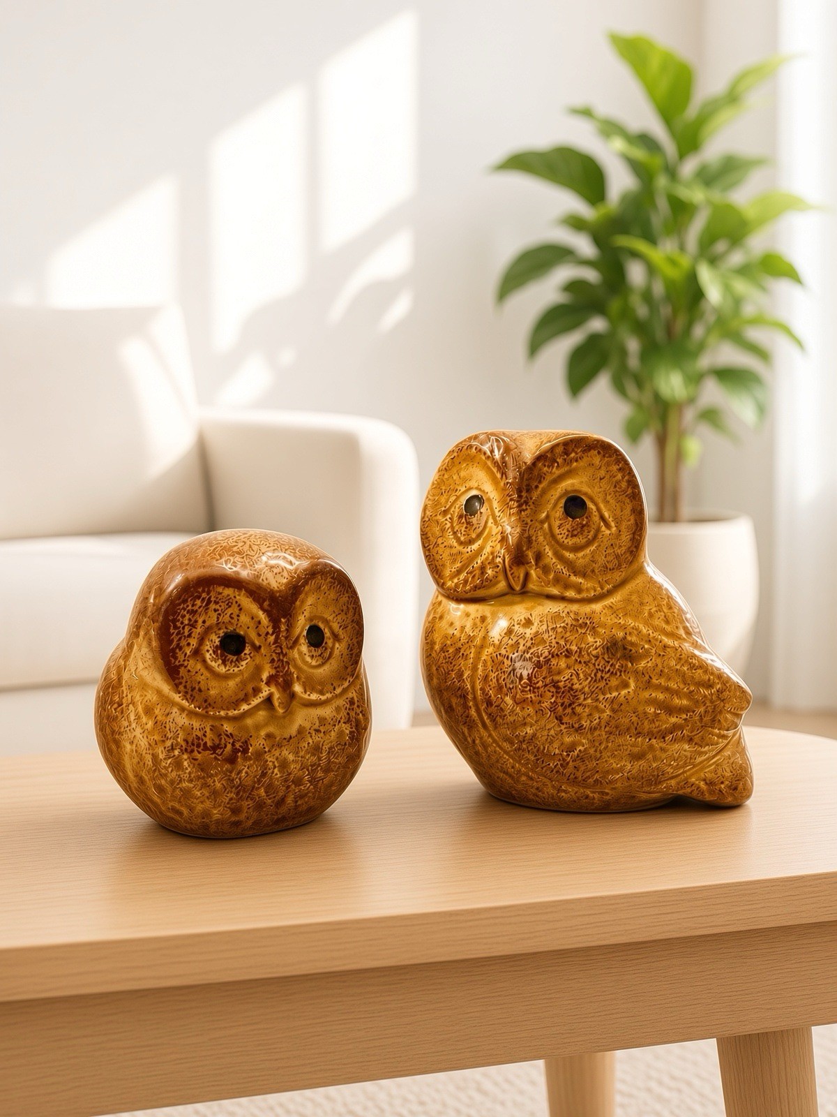 Vintage Pair Owl Figurines MCM Pottery Ceramic Brown Japan MCM