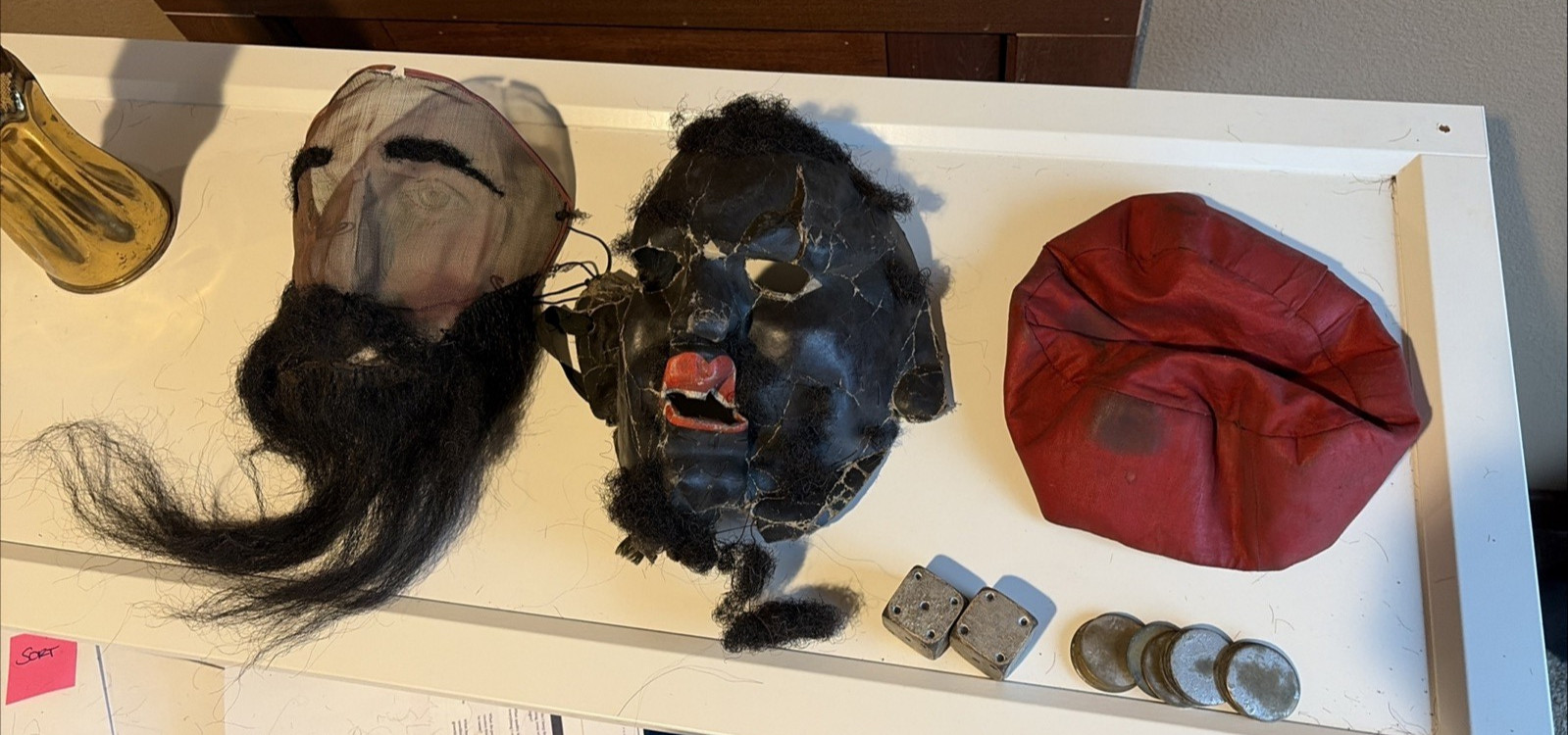 Antique Odd Fellows IOOF Fraternal Ceremonial Lot 2 Masks Hat Dice Tokens c1900