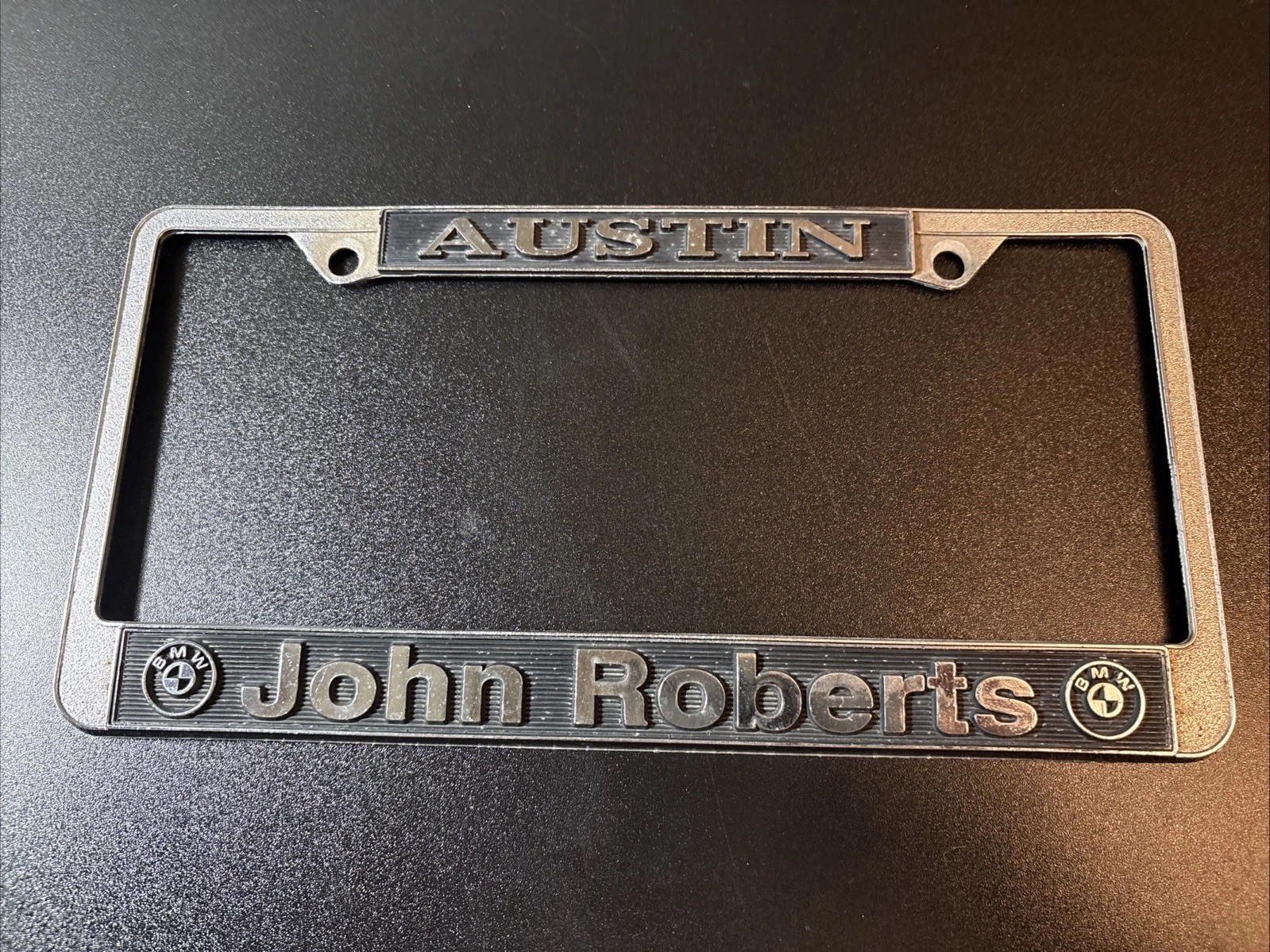 Vintage John Roberts BMW Dealership Austin Texas Metal License Plate Frame Vintage John Roberts BMW Dealership Austin Texas Metal License Plate Frame