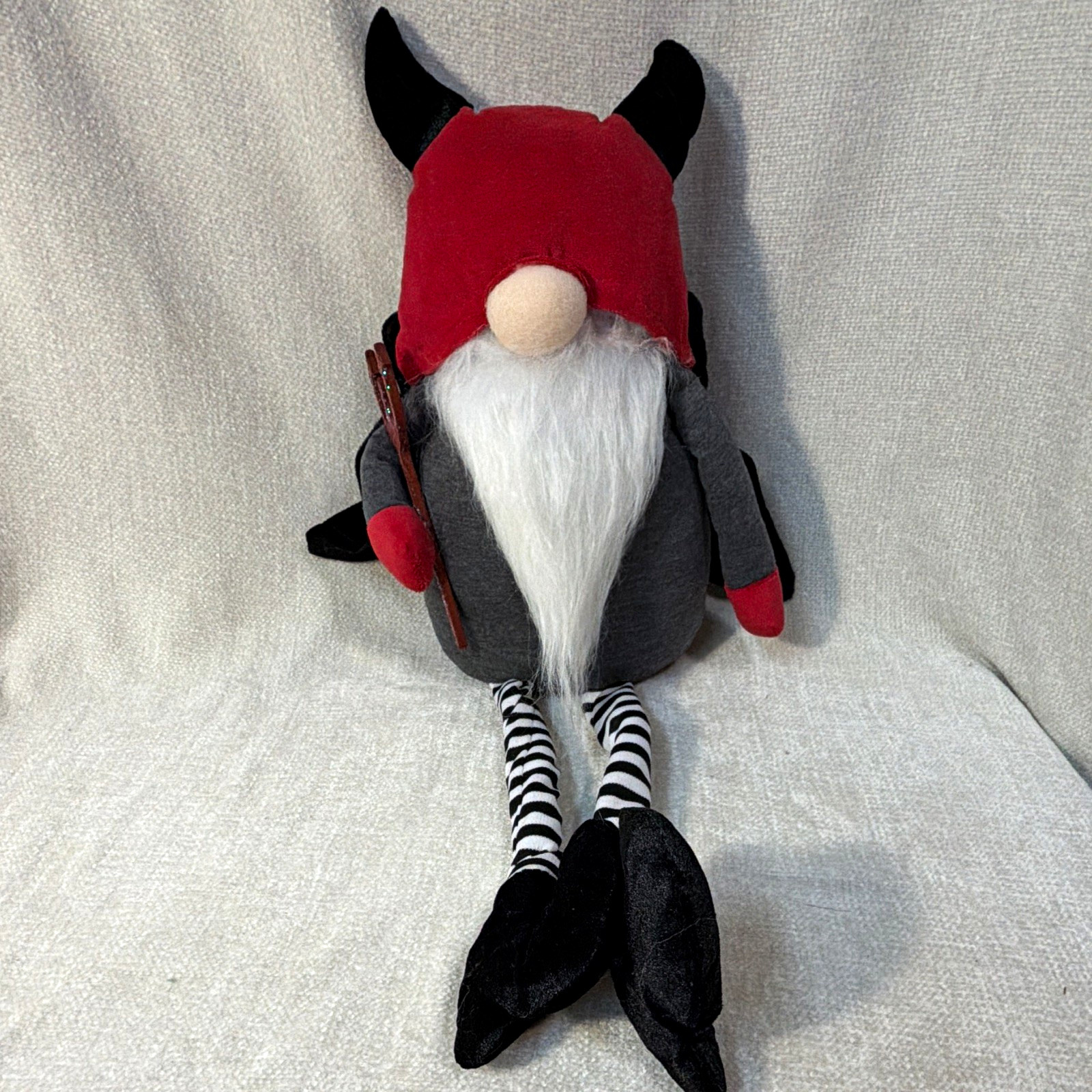 Plush Fantasy Gnome Doll, Red Hat, Black Horns, White Beard, Cape,  23”long