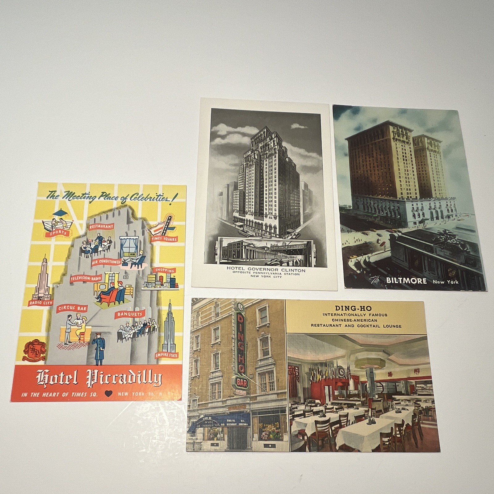 Set 4 Hotel Piccadilly Governor Clinton Biltmore Ding-Ho NYC Hotel Postcards 