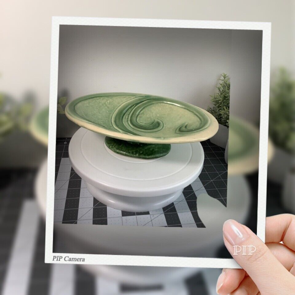 Vintage Green Oval Shallow Pedestal Ceramic Planter/Dish