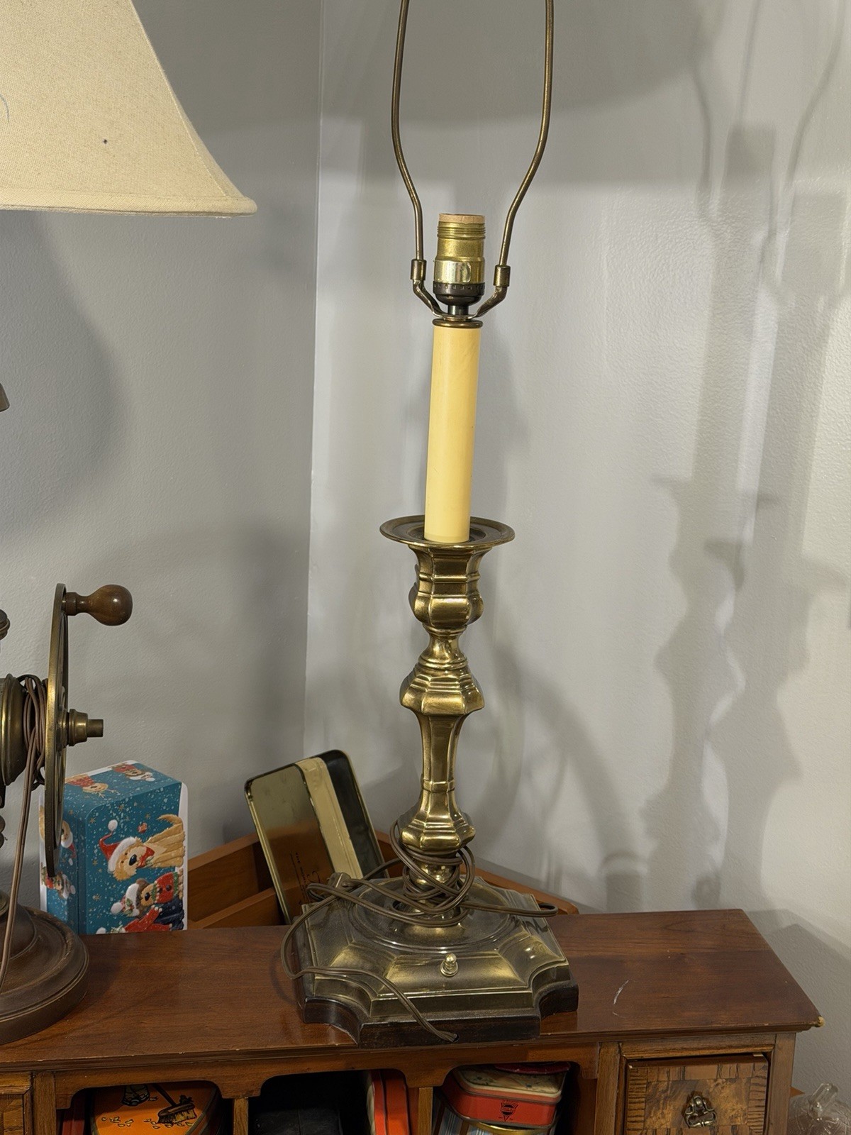 Vintage Stiffle Brass Candlestick Lamp With 3 Way Light 36” Tall Button Switch
