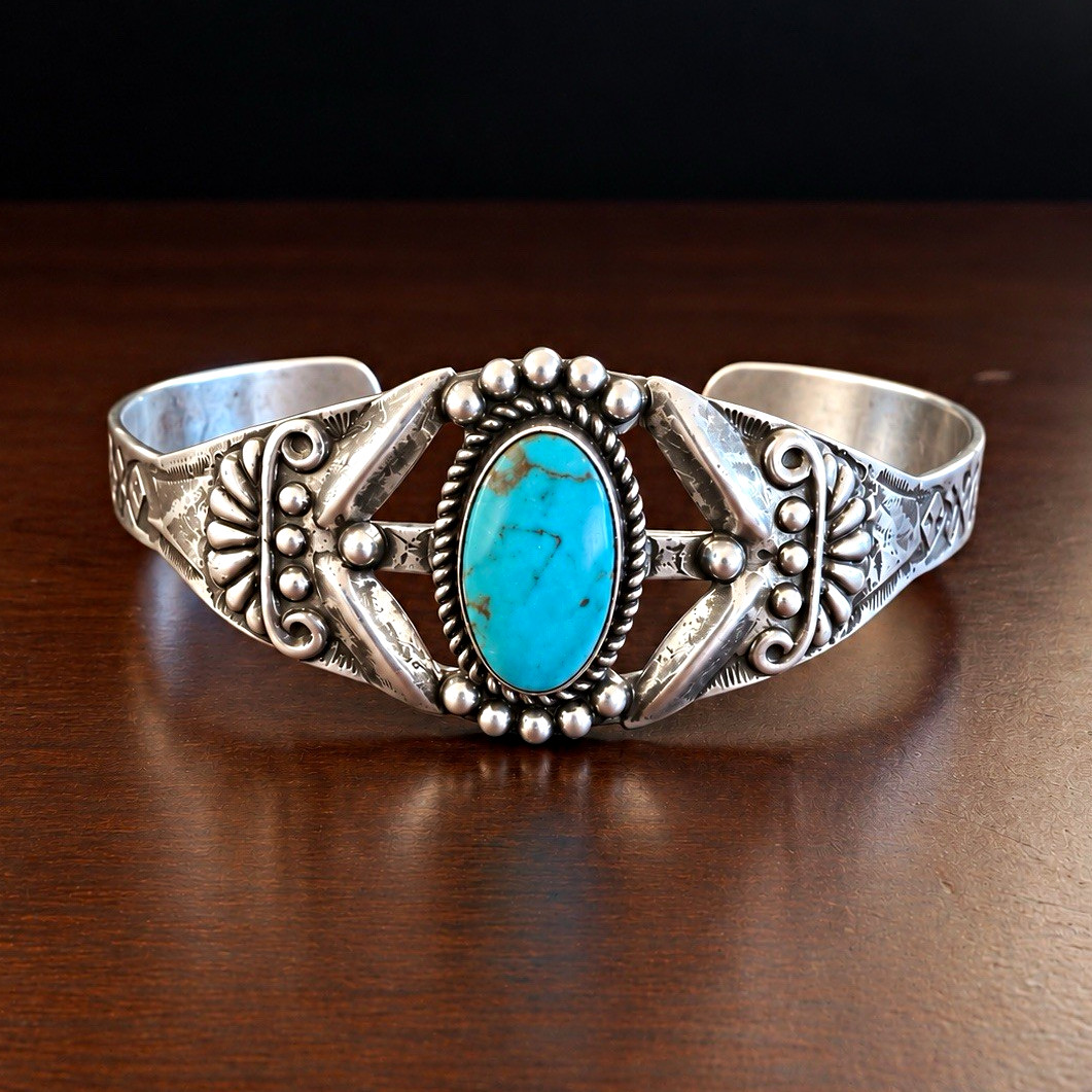 Vintage Sterling Silver Southwestern Cuff Bracelet Blue Turquoise Stone Openwork