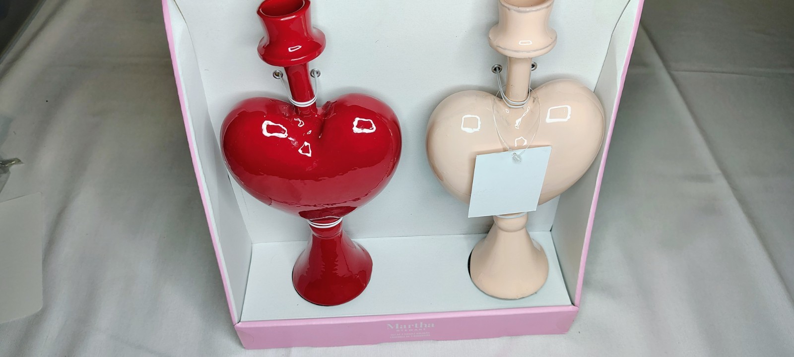 NIB Martha Stewart Set of 2 Ceramic Heart Candlestick Holders Pink Red Taper