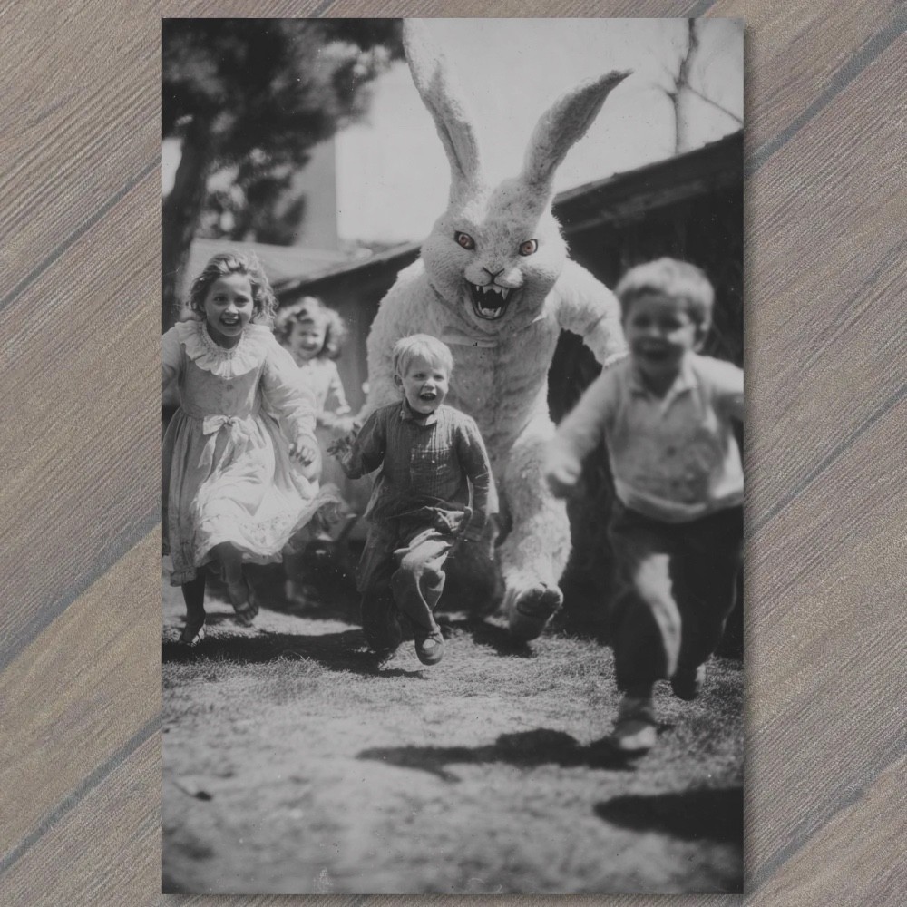 POSTCARD Giant Bunny Chasing Kids Creepy Easter Costume Black White Shock POSTCARD Giant Bunny Chasing Kids Creepy Easter Costume Black White Shock