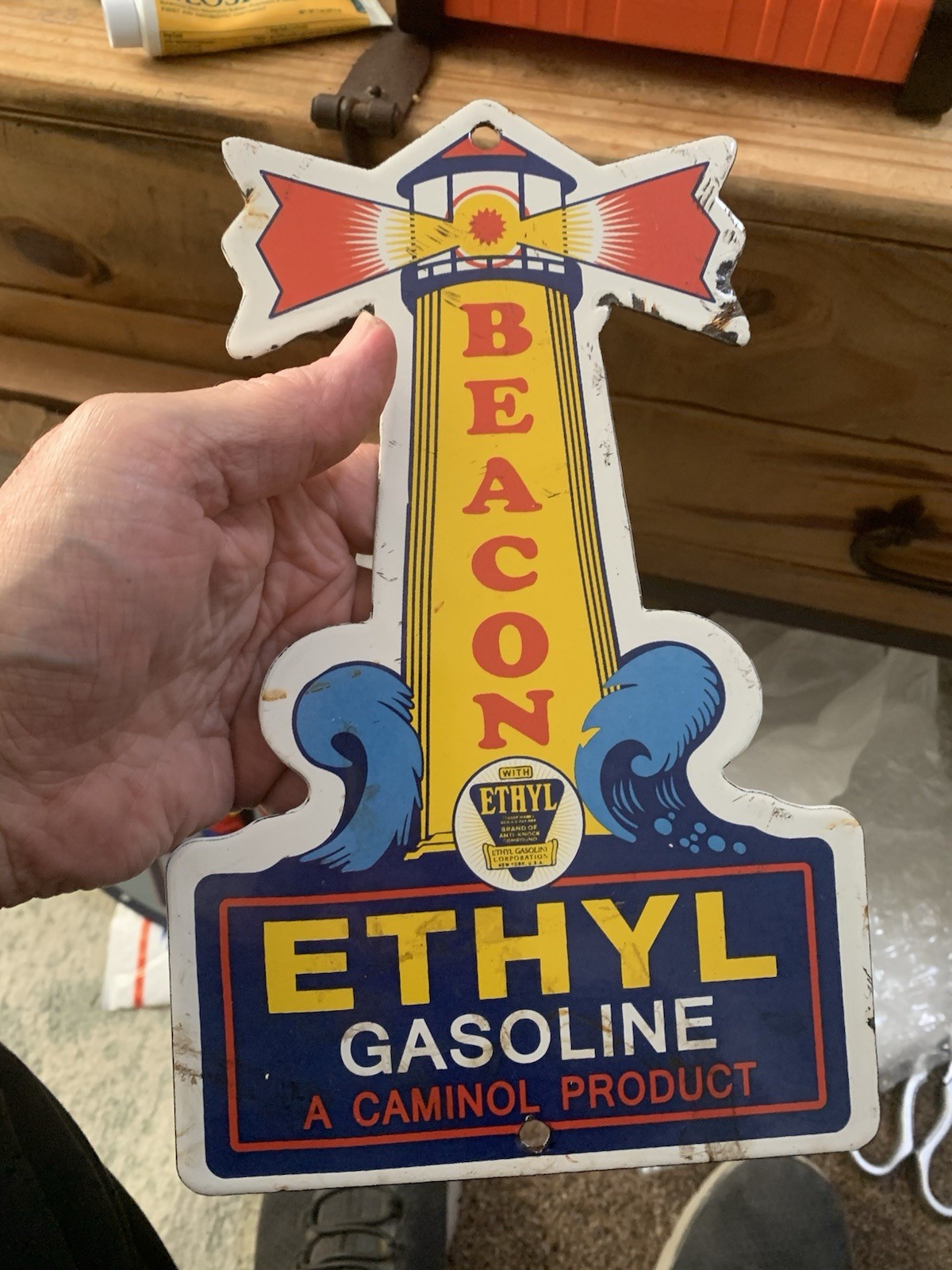 VINTAGE BEACON ETHYL GASOLINE  PORCELAIN  GAS AND OIL SIGN