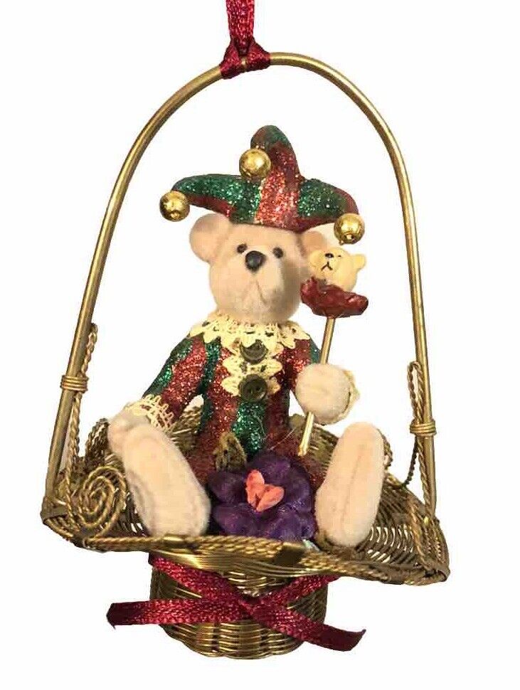 Vintage Katherines Collection Holiday Ornament Jester Teddy Woven Metal Basket A