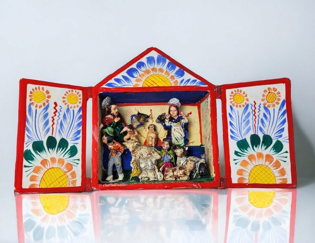 Miniature Peruvian Nativity Retablo Handmade Folk Art Creche Peru Signed Jimenez