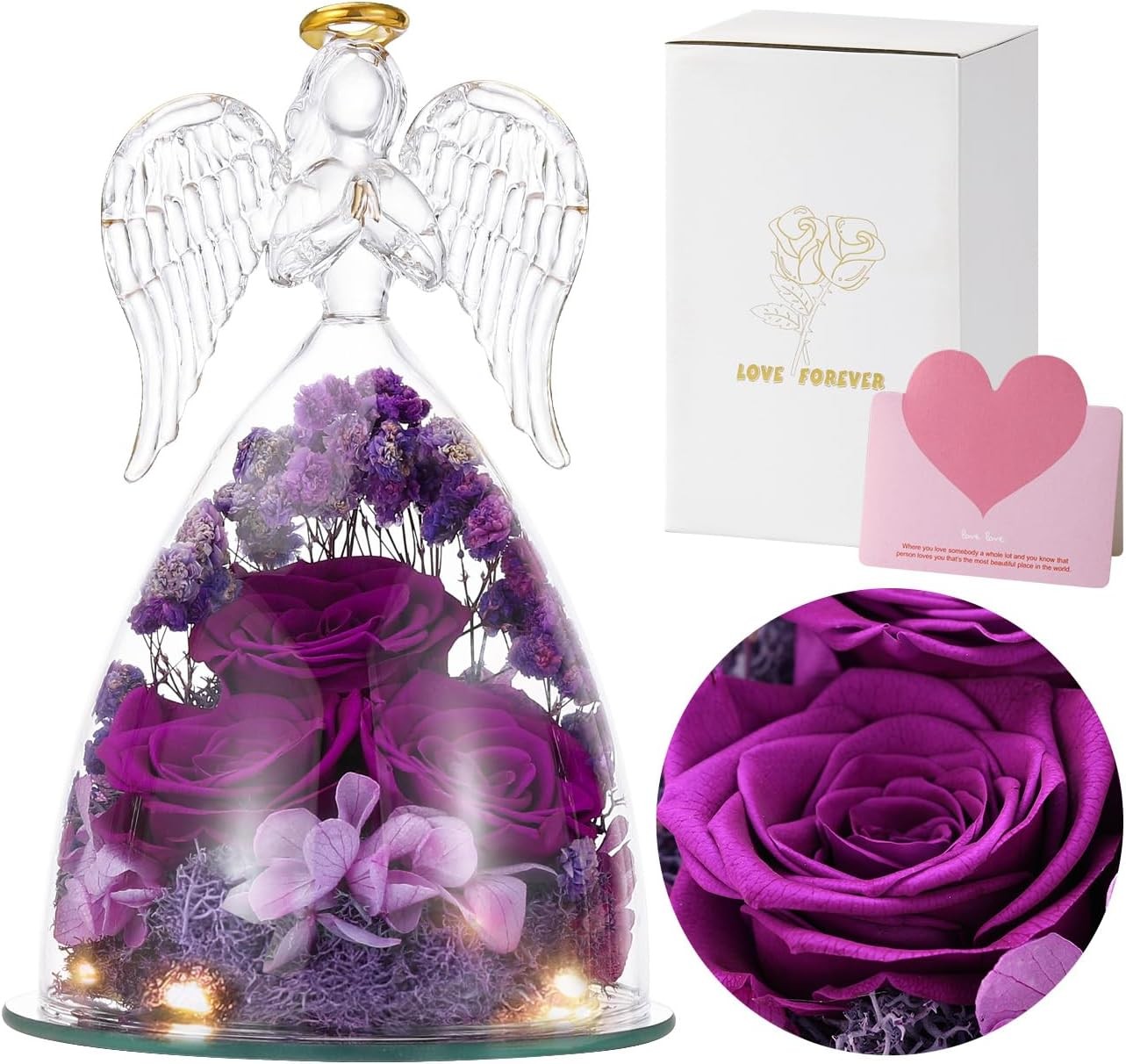 Preserved Purple Rose Glass Angel Figurine LED Light 4.3x6.7\