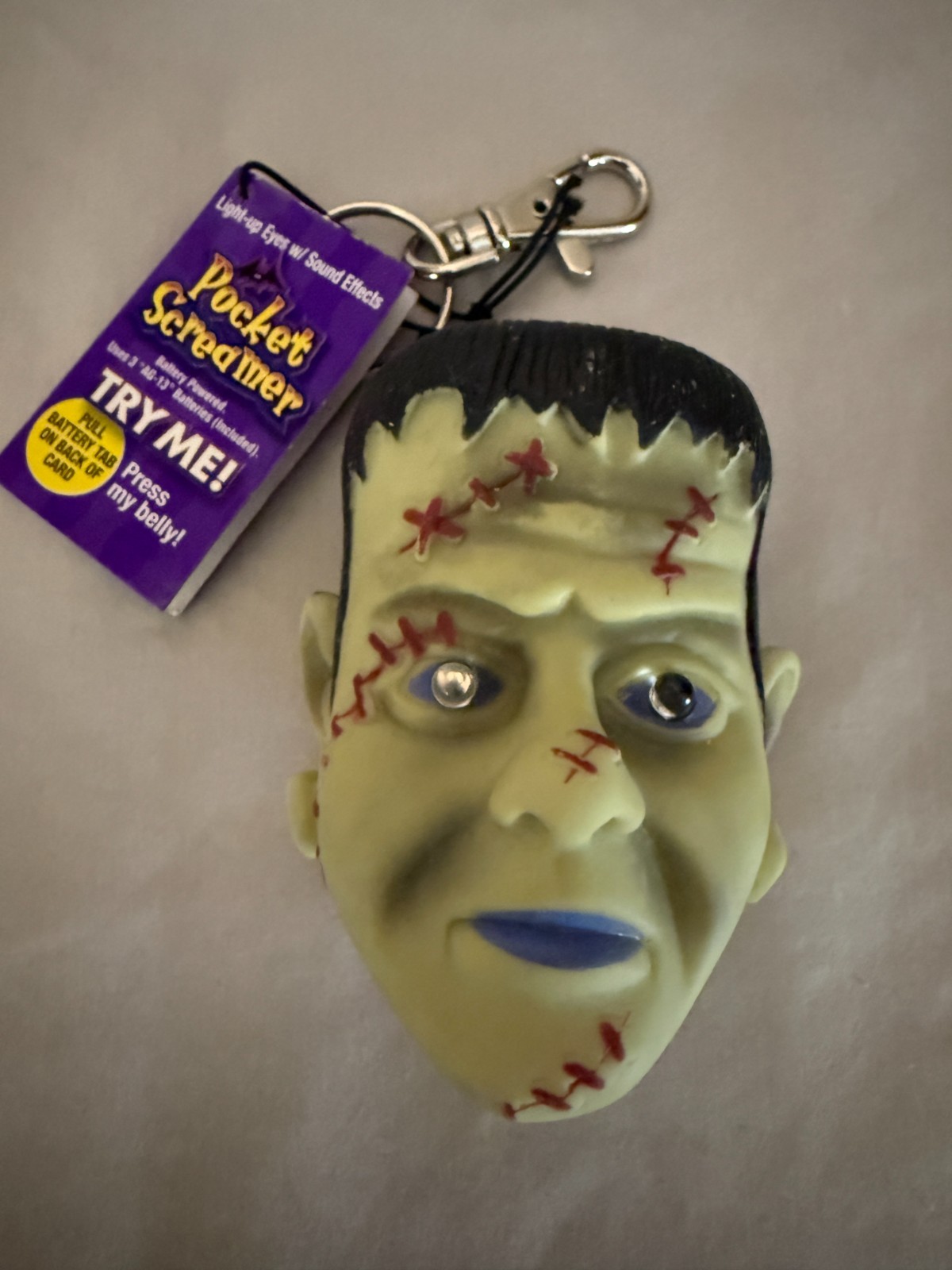 Vintage Pocket Screamer Frankenstein Halloween Keychain - WORKS