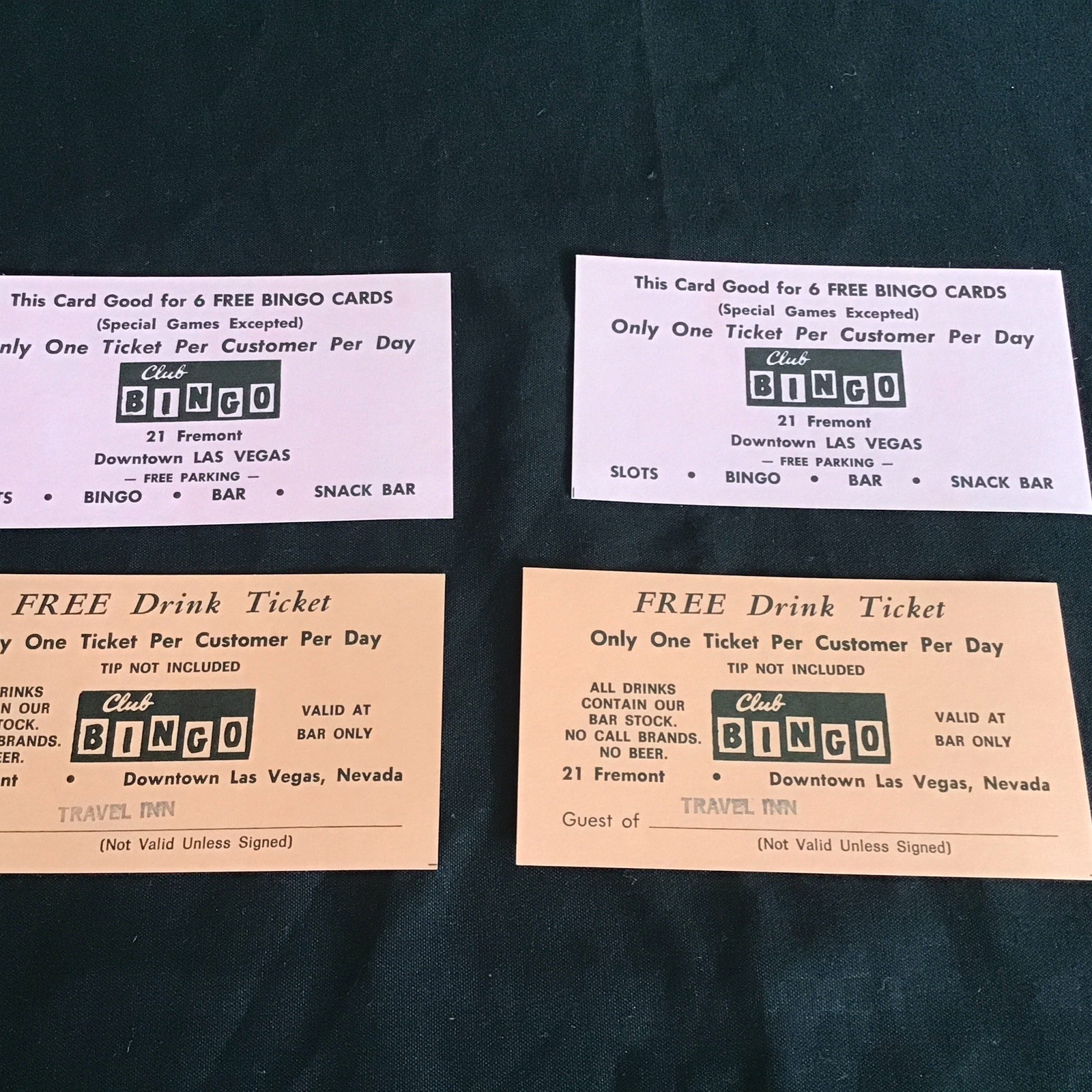 Lot 4 Club Bingo Downtown Las Vegas Original Promo advertising Free Bingo card