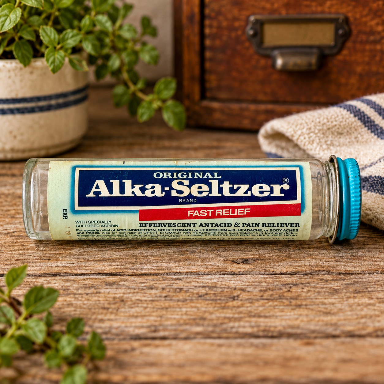Vintage 1984 Alka-Seltzer Glass Bottle/Jar w/Original Paper Label & Blue Tin Cap