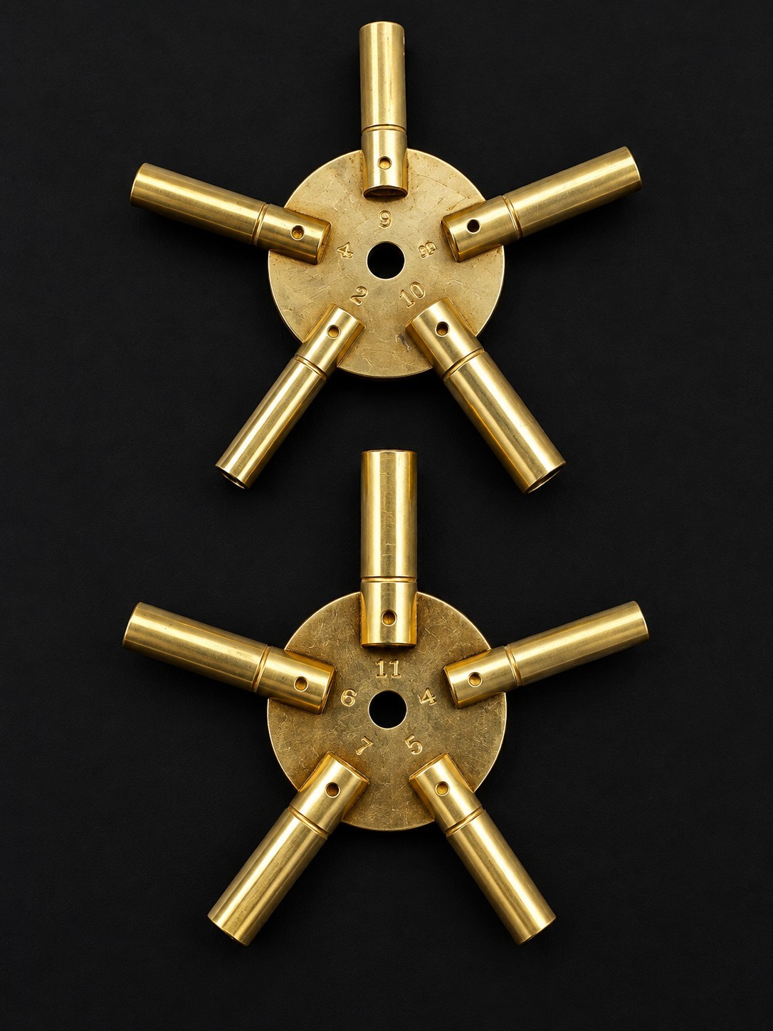 Pair Vintage Brass Clock Winding Keys 5 Prong Even & Odd Sizes 