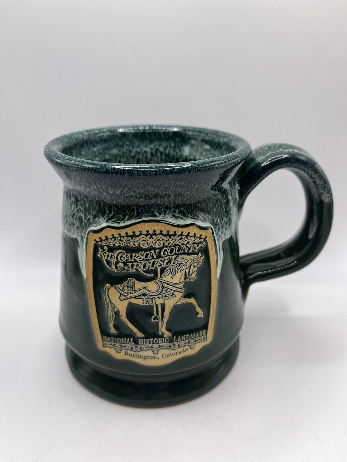 Deneen Hand Thrown Pottery Mug 2016 Kit Carson County Carousel Historical Green