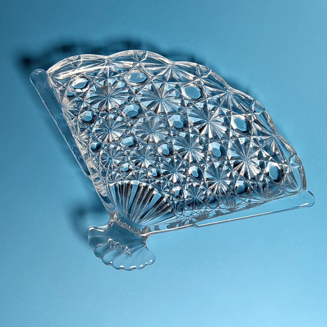 Vintage Avon Pressed Glass Fan Dish Clear Cut Star Pattern Vanity Trinket Tray