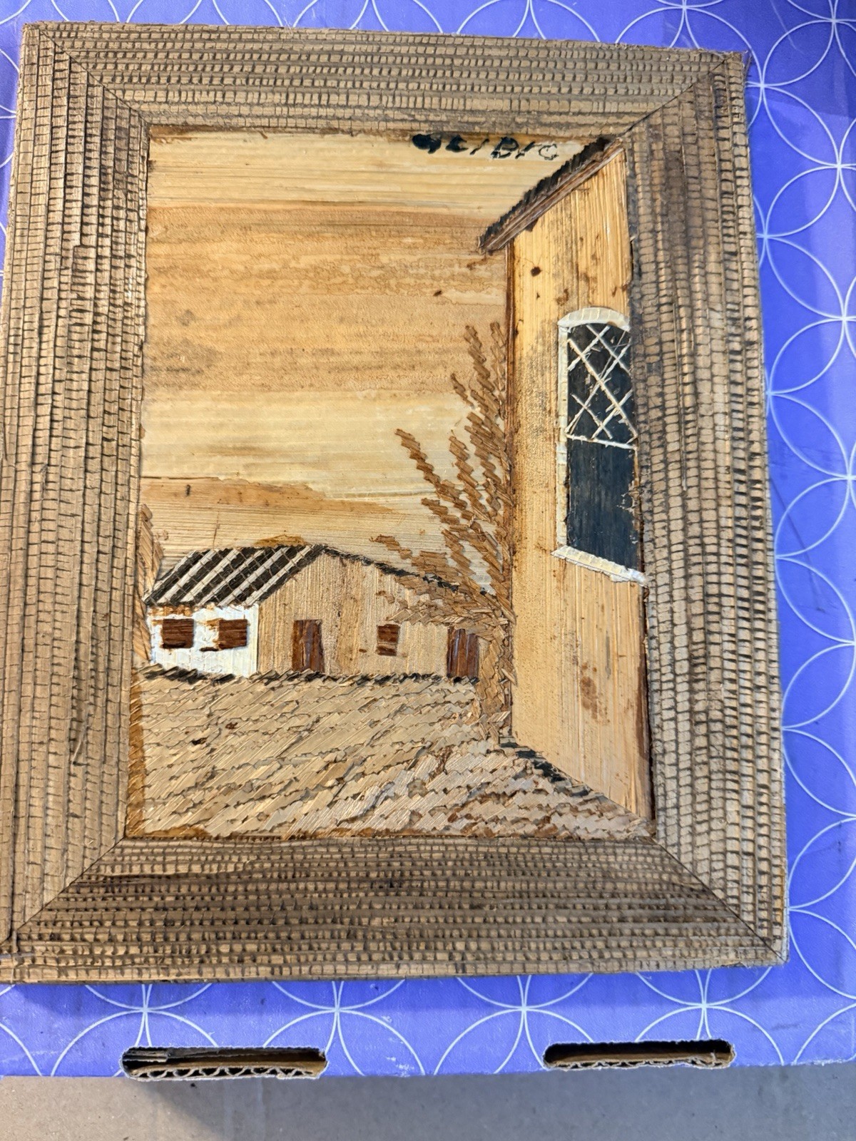 Vintage Joao Olibio Banana Leaf Marquetry Brazilian Folk Art, 1978, Signed, 8X10