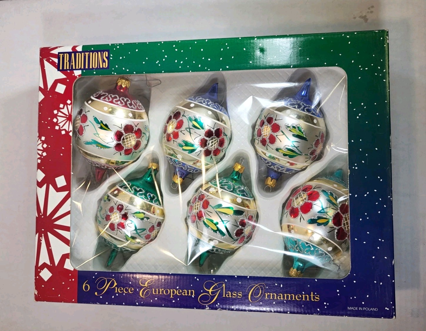 Traditions 6pc Glass Hand Painted Floral Christmas Ornaments Set Poland